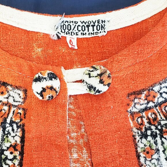 Vintage Dashiki 1970s Orange Natural Cotton Bell Sleeves Top Tunic Shirt Blouse - Picture 4 of 10